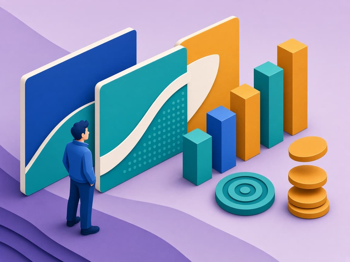 Cartoon of a marketer with charts and advertising cards