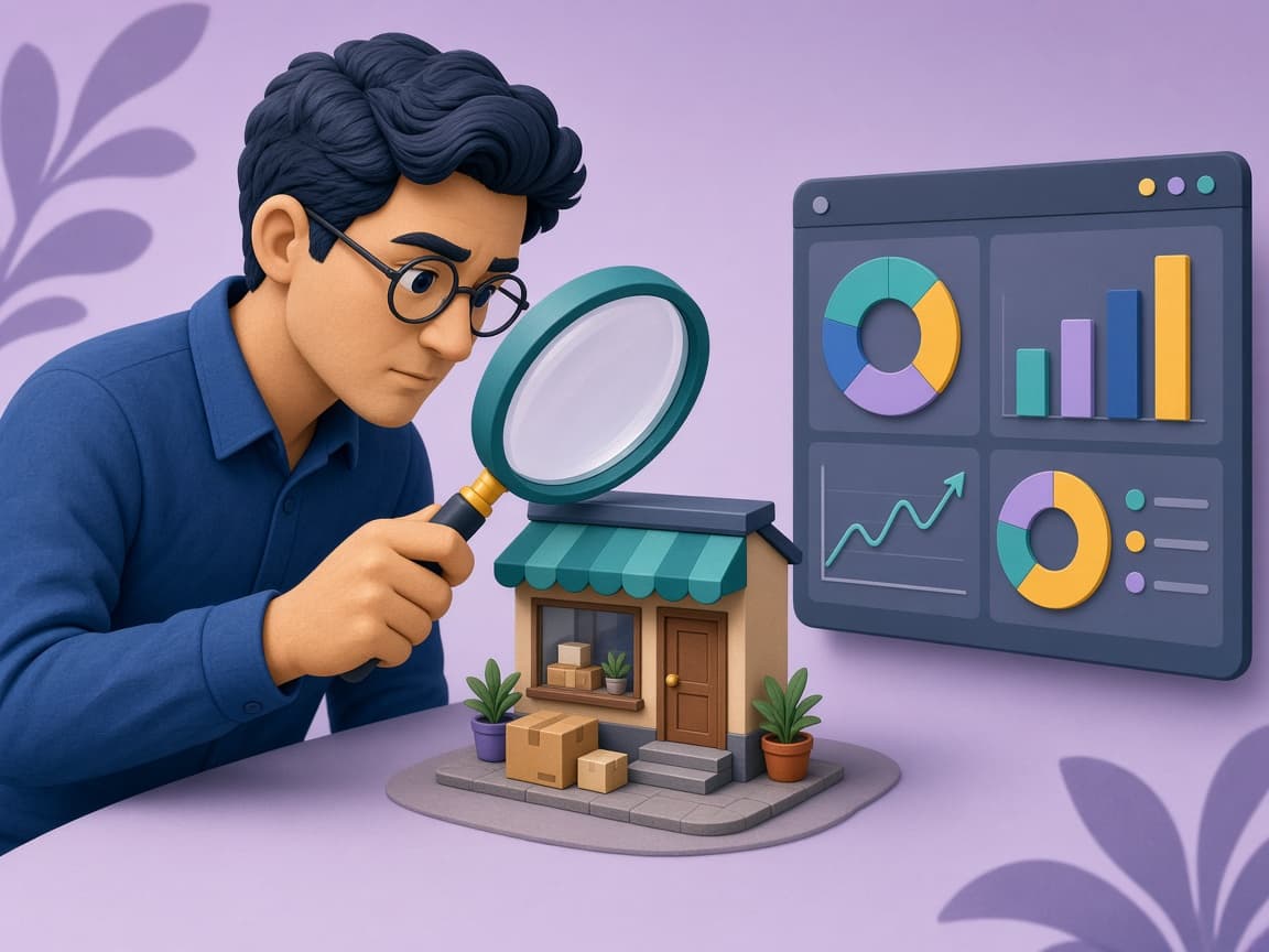 Cartoon of an analyst reviewing a storefront with a magnifying glass