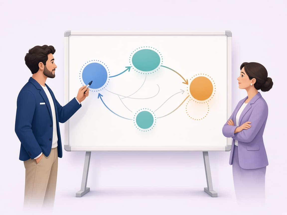 Cartoon of consultants mapping a growth plan on a whiteboard
