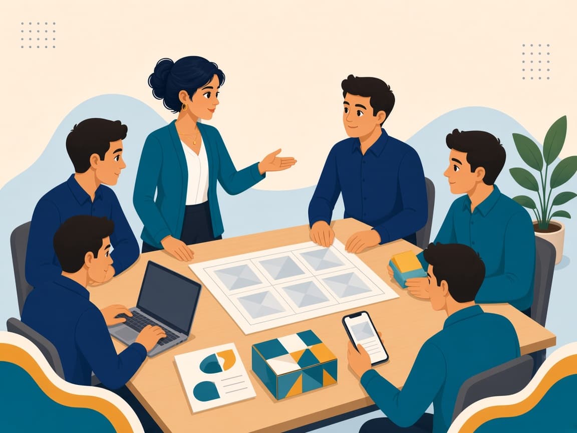 Cartoon of a creative team aligning logo, packaging, listing images and ad creative on one table