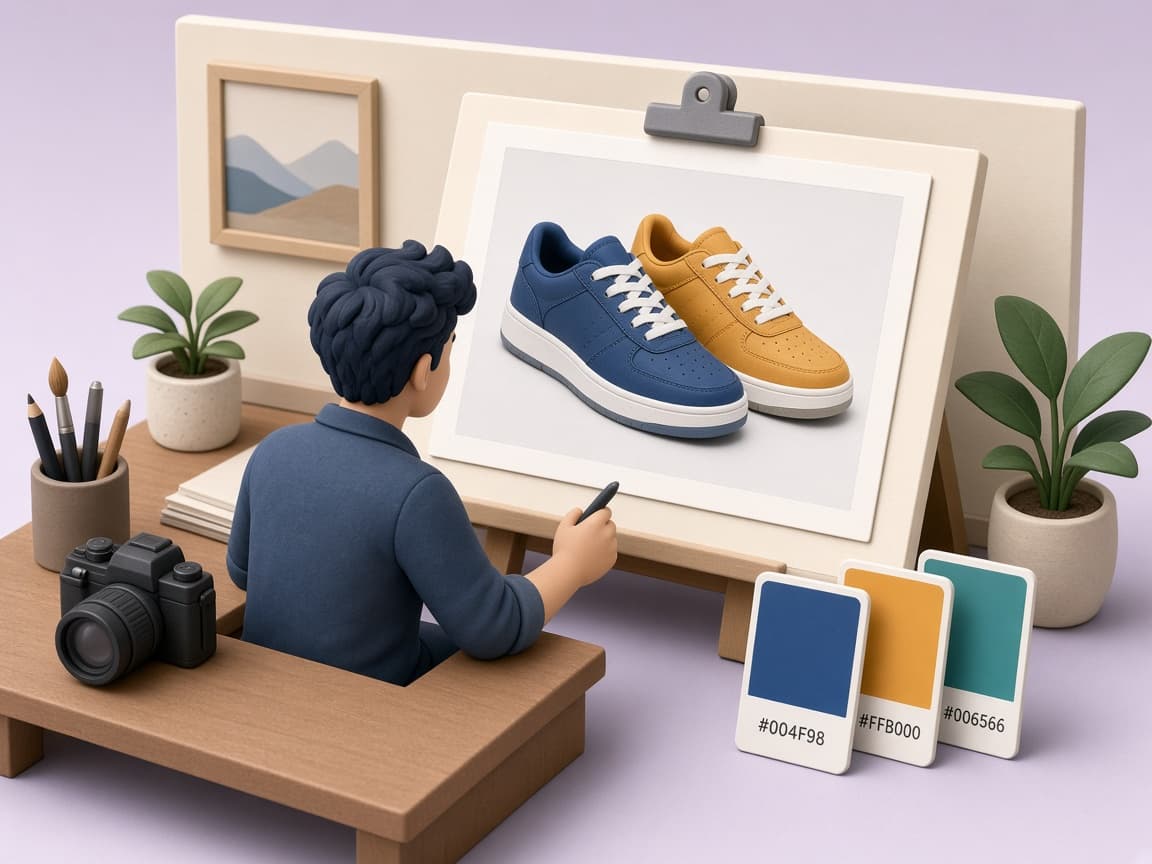 Cartoon of a designer working on product creative