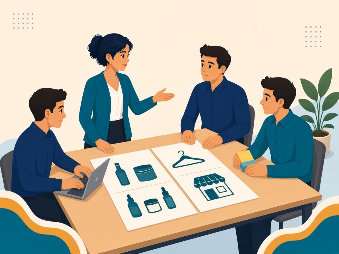 Cartoon of a team reviewing two brand boards side by side — wellness packaging and a fashion storefront