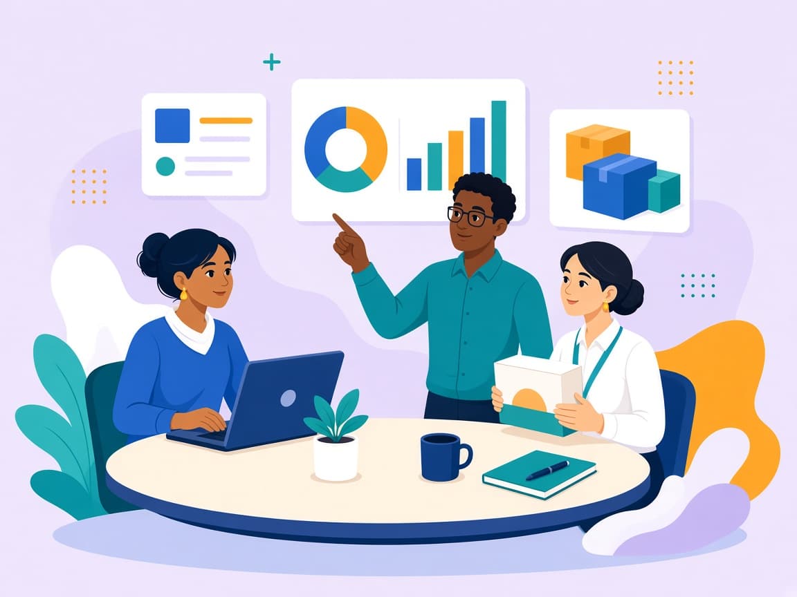 Cartoon of a consulting team planning marketplace and store growth around a table
