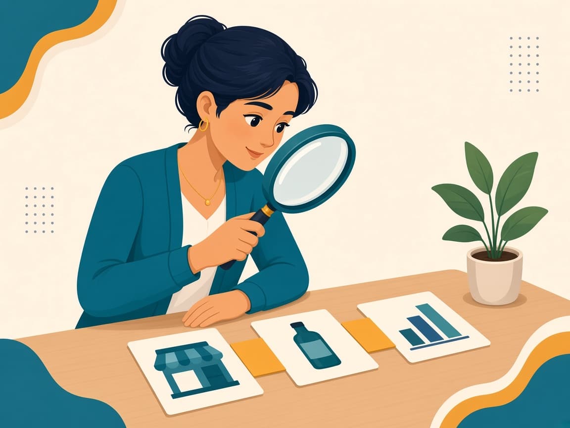 Cartoon of an analyst examining a storefront, a listing and a chart with a magnifying glass while marking gaps