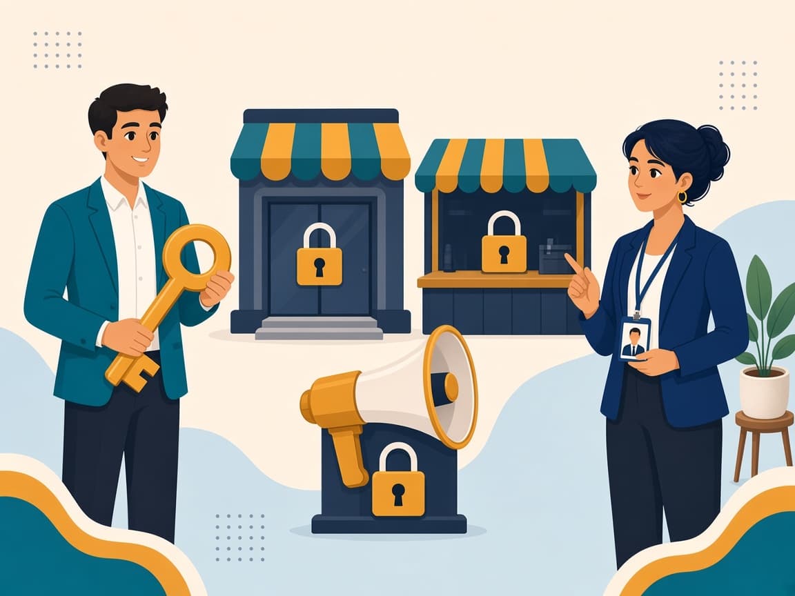 Cartoon of a brand owner holding the main key to account vaults while a consultant holds temporary guest access