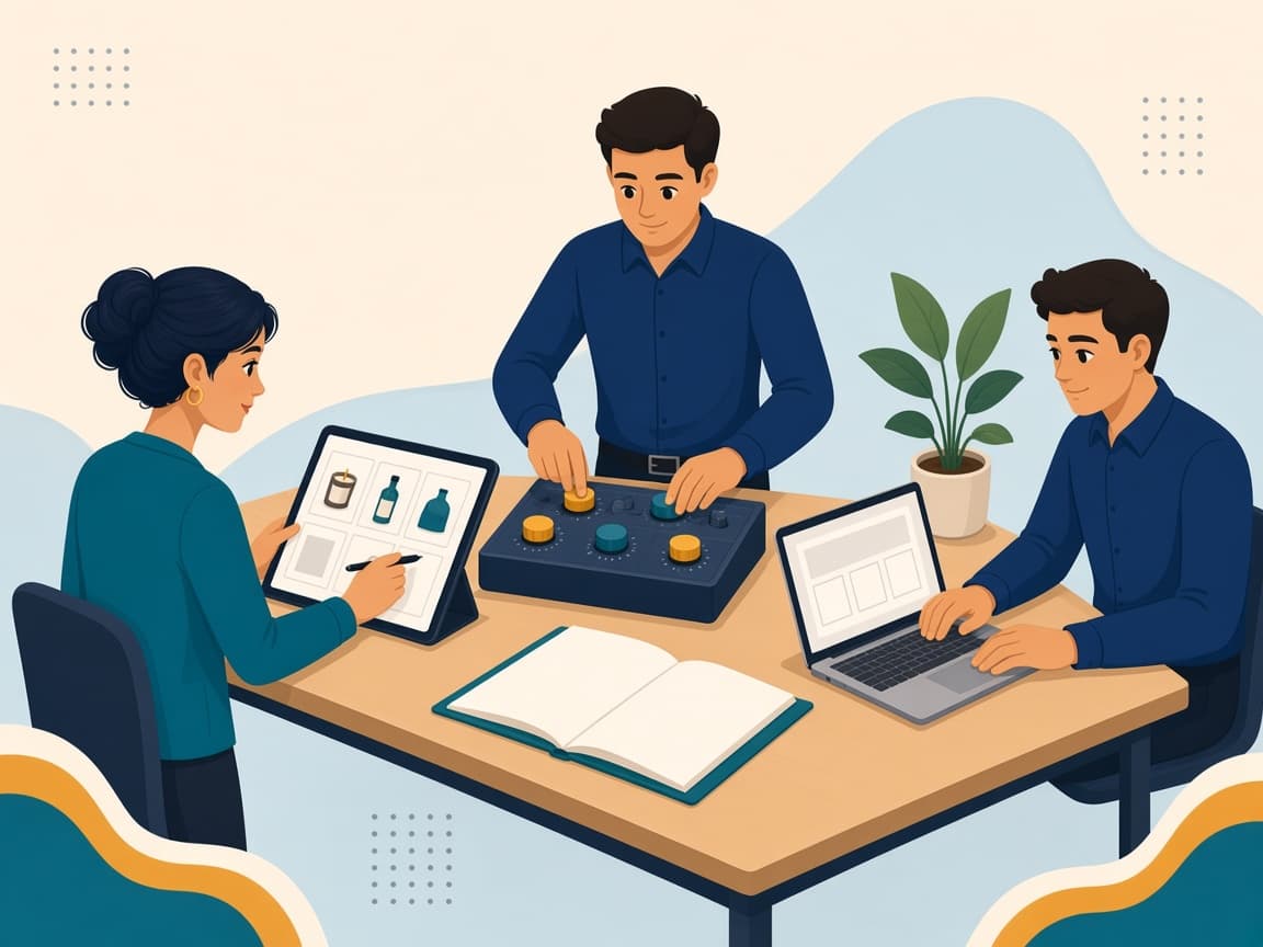 Cartoon of specialists working in parallel on listing images, ads and a storefront from one shared plan folder