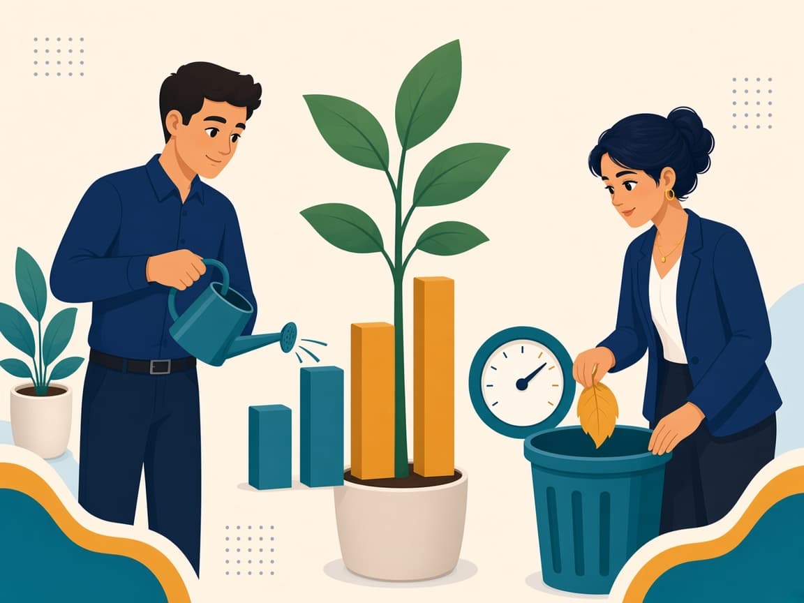 Cartoon of a teammate watering a plant shaped like rising chart bars while another removes a wilted leaf