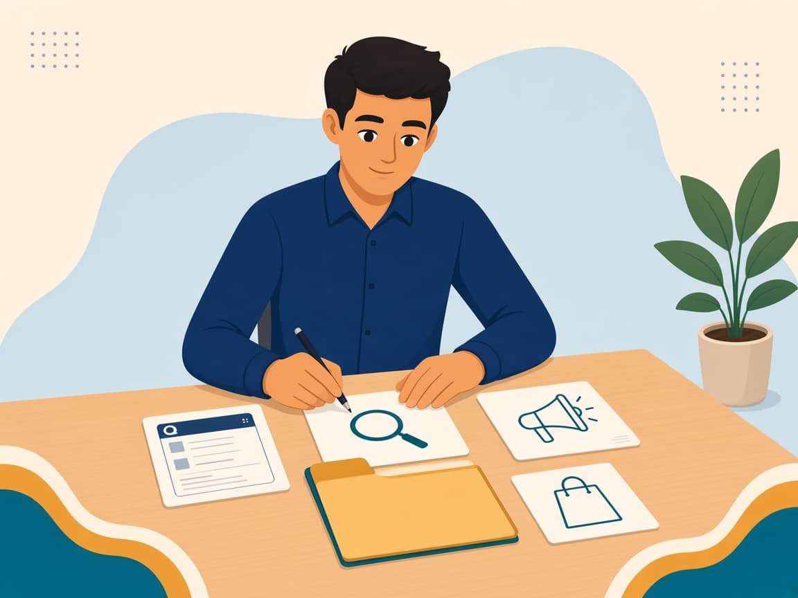 Cartoon of a marketer comparing blank ad channel cards around one shared plan folder