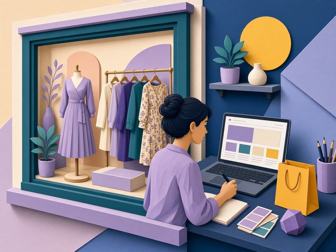 Cartoon of a designer building a brand-owned online boutique