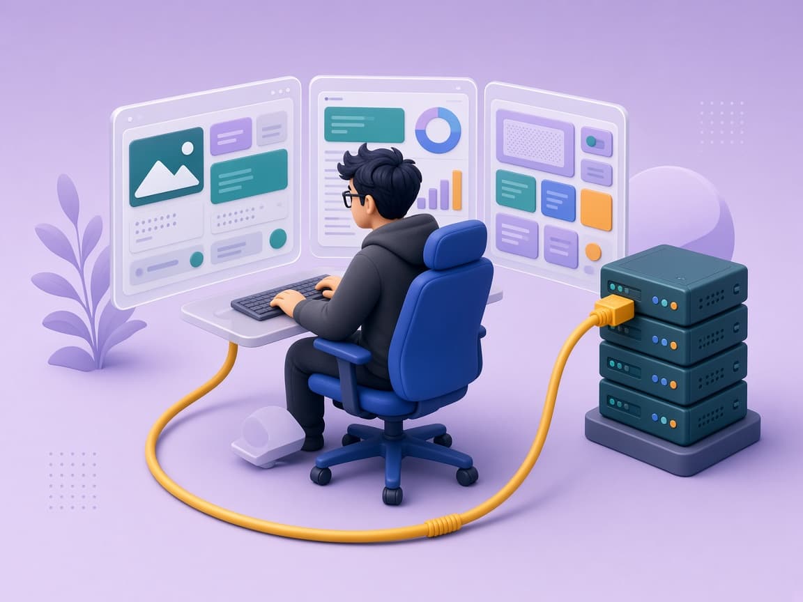 Cartoon of a developer working across screens and systems