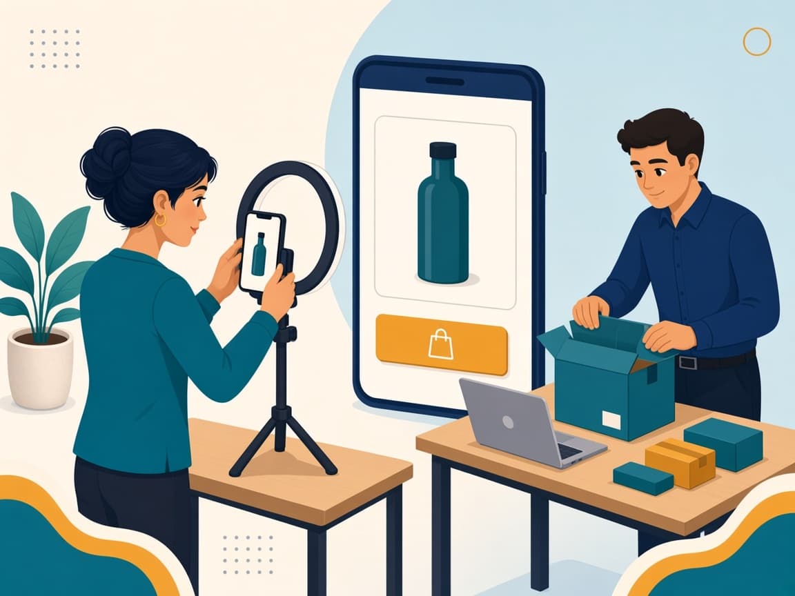 Cartoon of a creator filming a product on a ring-light phone stand beside a giant phone showing the product with a shopping bag button