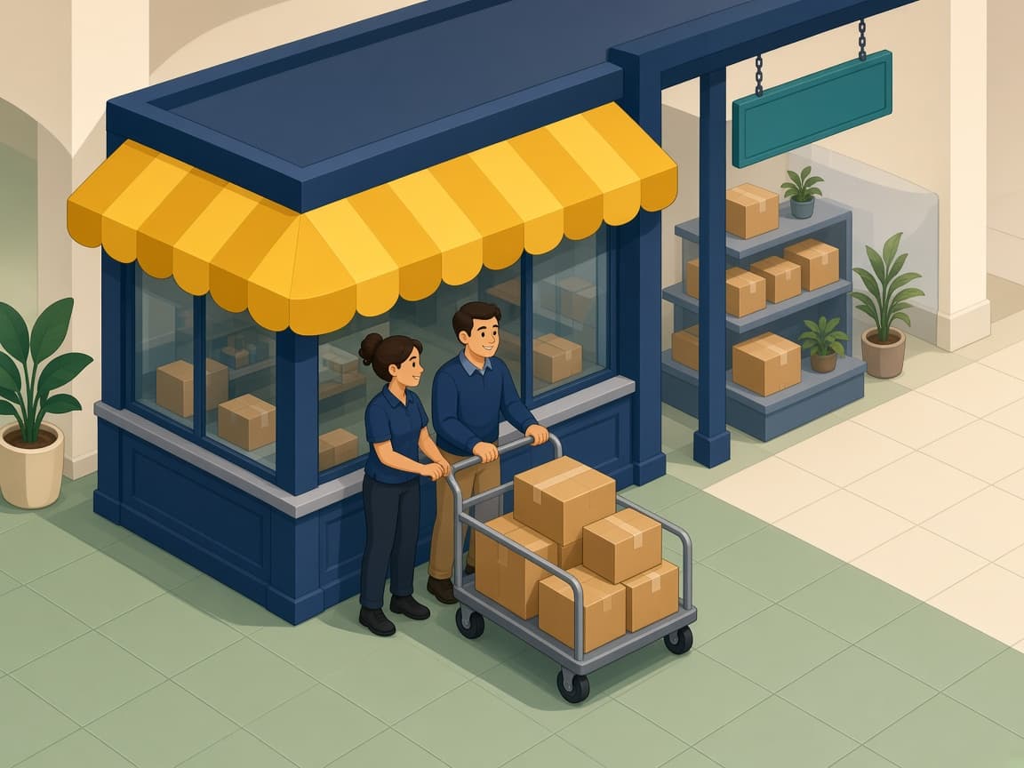 Cartoon of a team stocking a second marketplace storefront