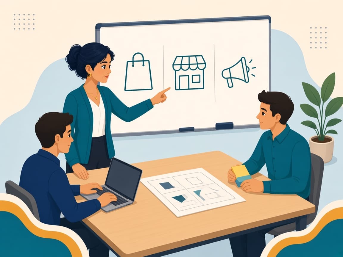 Cartoon of one consulting team planning marketplaces, a store and ads together around a shared whiteboard