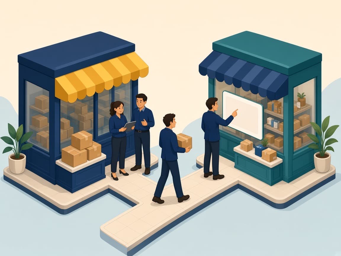 Cartoon of one team working across two side-by-side marketplace storefronts