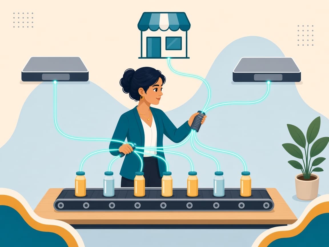 Cartoon of an analyst connecting signal wires from a storefront to platform boxes while a product feed stays in sync