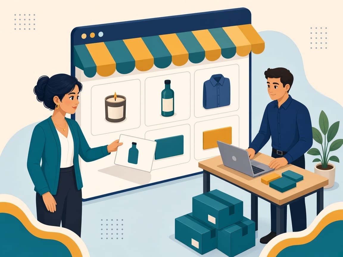 Cartoon of two teammates arranging products in a browser window drawn as a shopfront with a striped awning